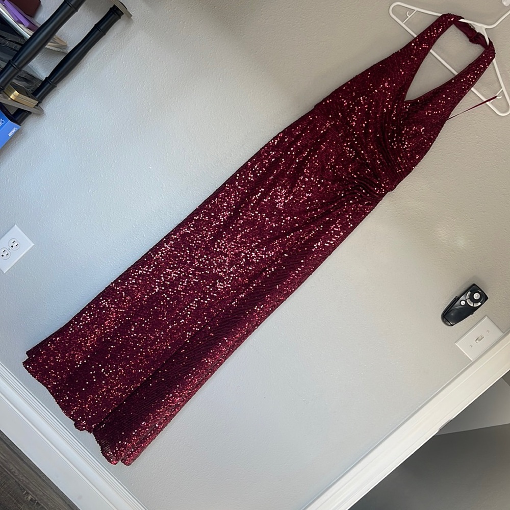 Burgundy sequin cocktail dress with high leg slit